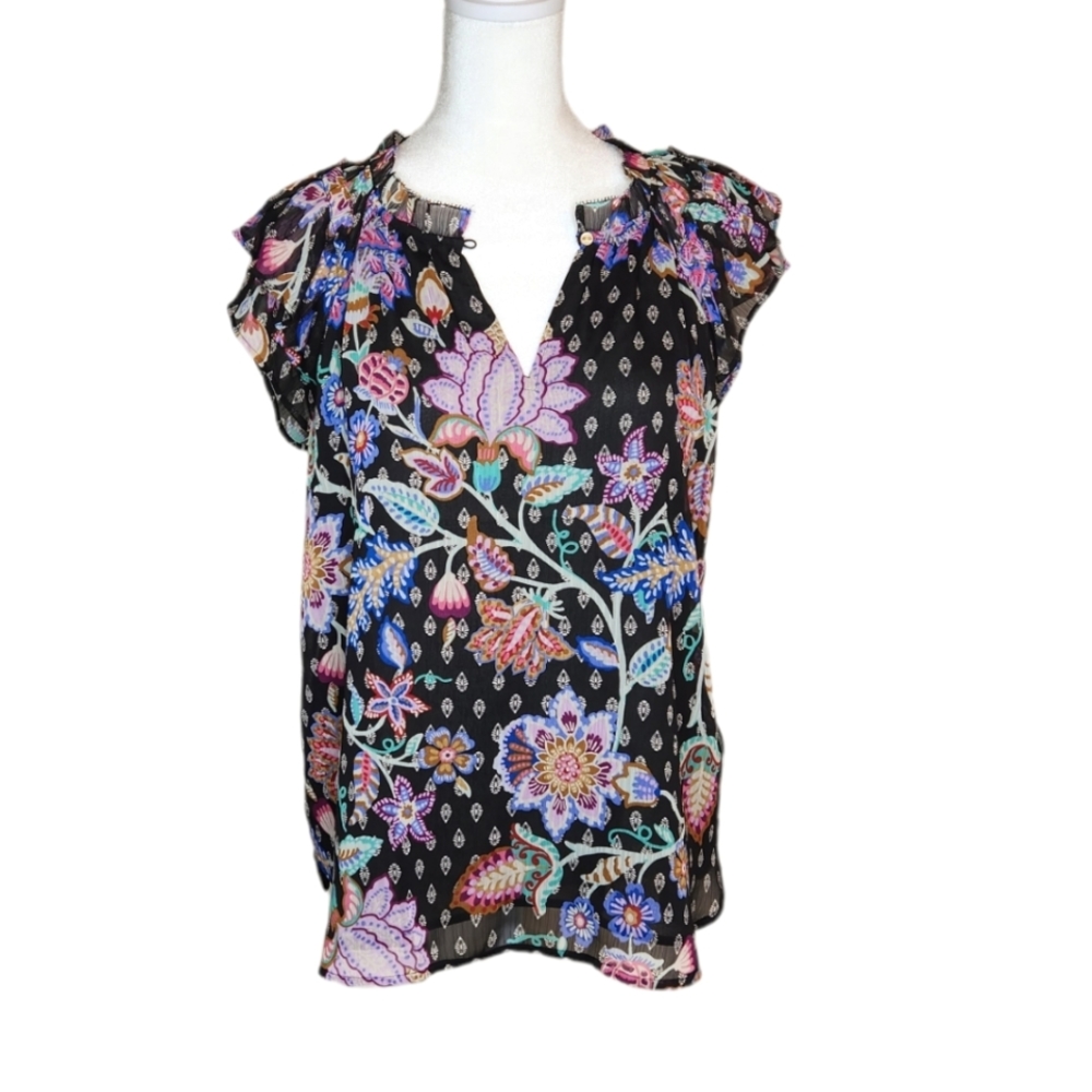 LOFT Floral Print Top - Black and Multicolor